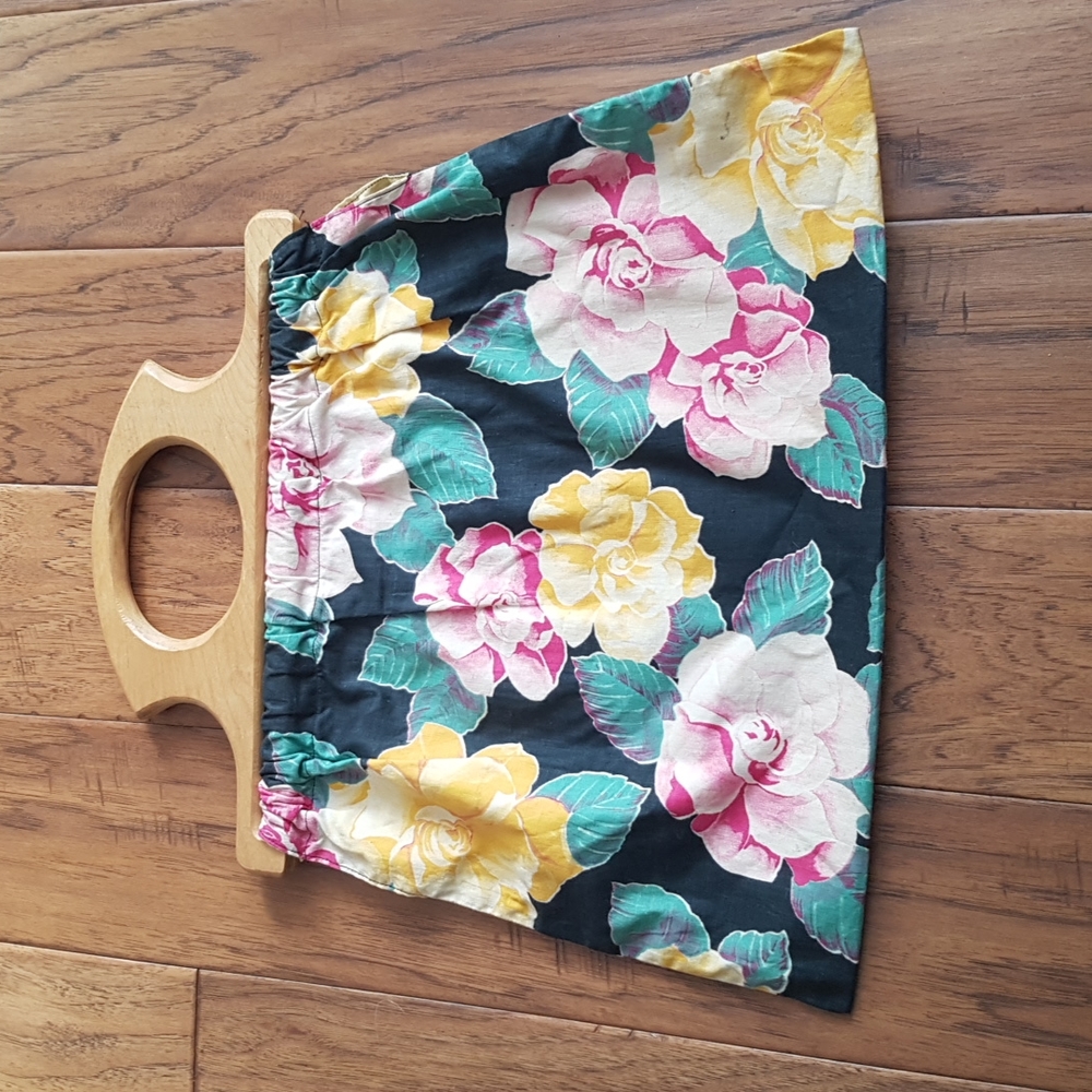 Vintage Baribocraft Deluxe Woodenware Wooden Handle Floral Fabric Purse